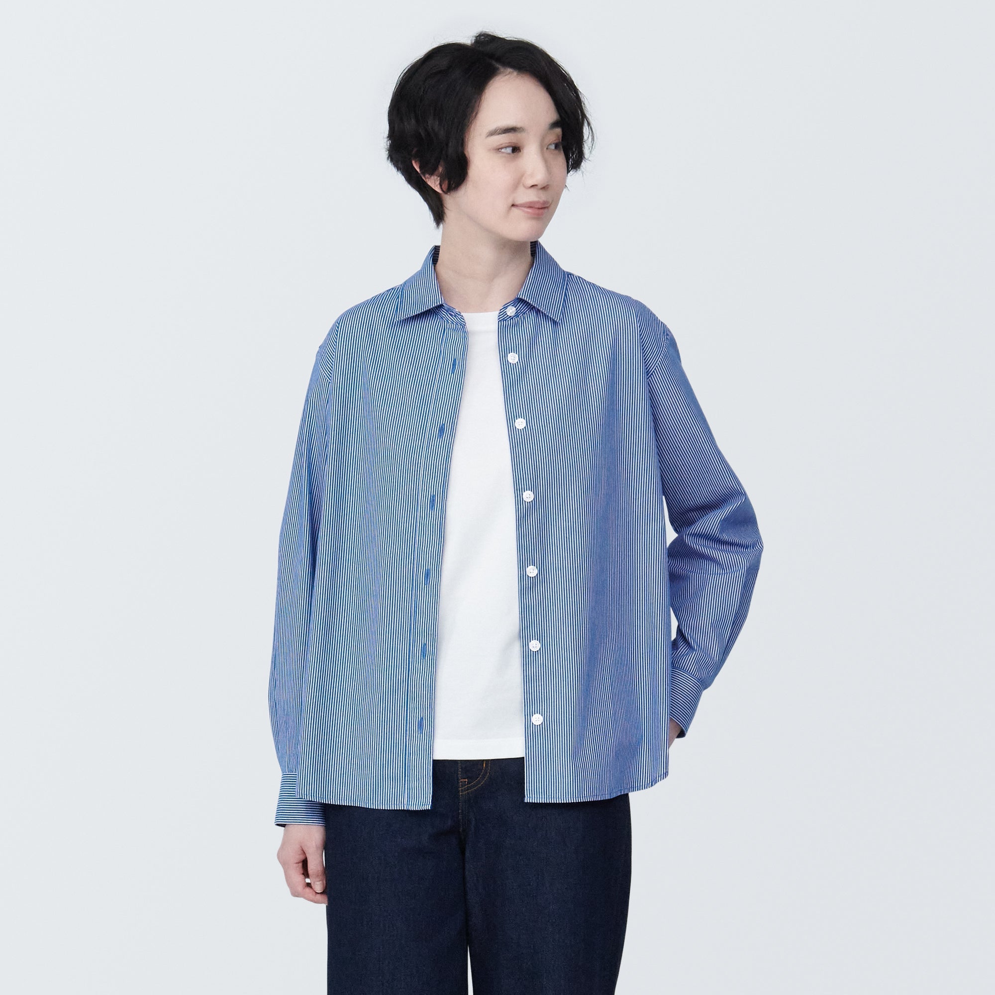 Women's Washed Broad Regular Collar Long Sleeve Striped Shirt