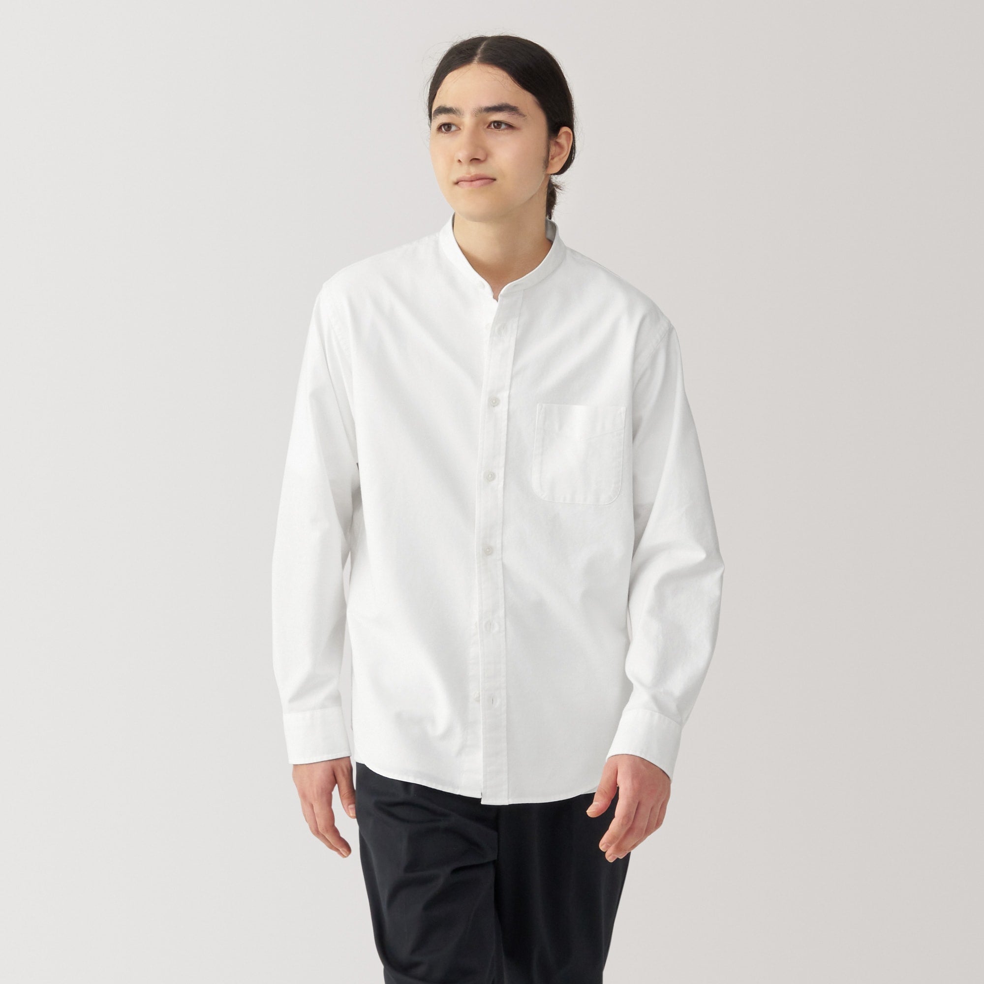 Men's Washed Oxford Stand Collar Long Sleeve Shirt - Image 3