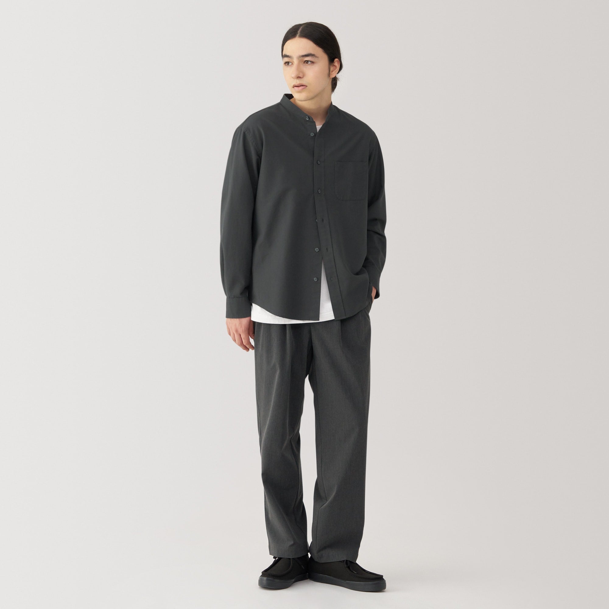 Men's Washed Oxford Stand Collar Long Sleeve Shirt - Image 12