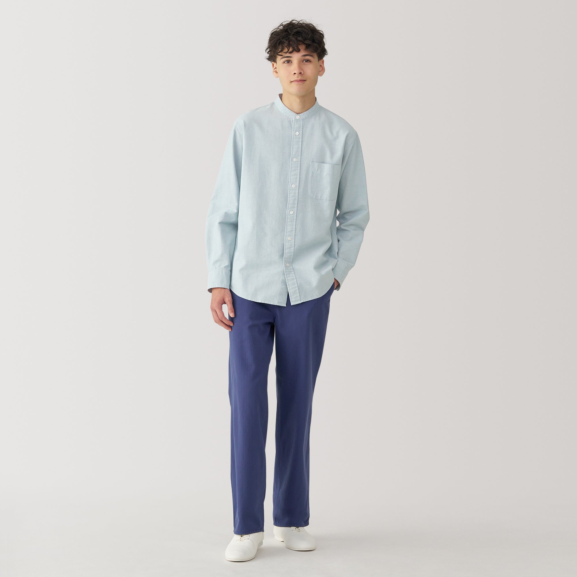 Men's Washed Oxford Stand Collar Long Sleeve Shirt - Image 20